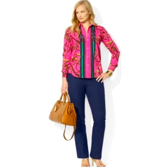 RALPH LAUREN Rare Pink Equestrian Horse Bit Stirrup Beautiful Luxury Blouse M - Picture 7 of 15